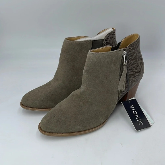 Vionic Bromley Taupe Suede Snake Print Ankle Booties Size 11 2 inch Heel - Picture 1 of 9